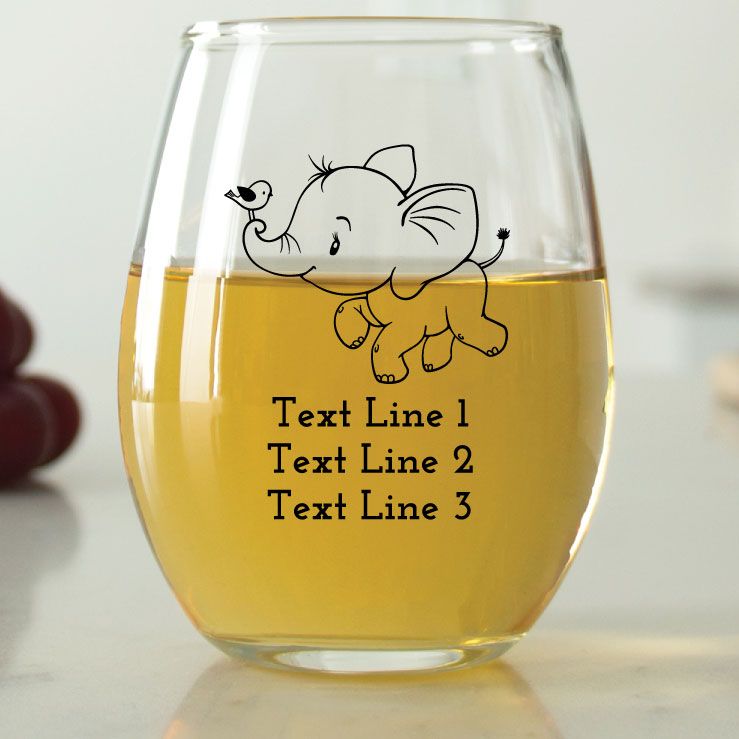 Cute Elephant with Bird - 9 oz. ARC Perfection Stemless Wine Glasses -  Promotional Products - Custom Gifts - Party Favors - Corporate Gifts -  Personalized Gifts