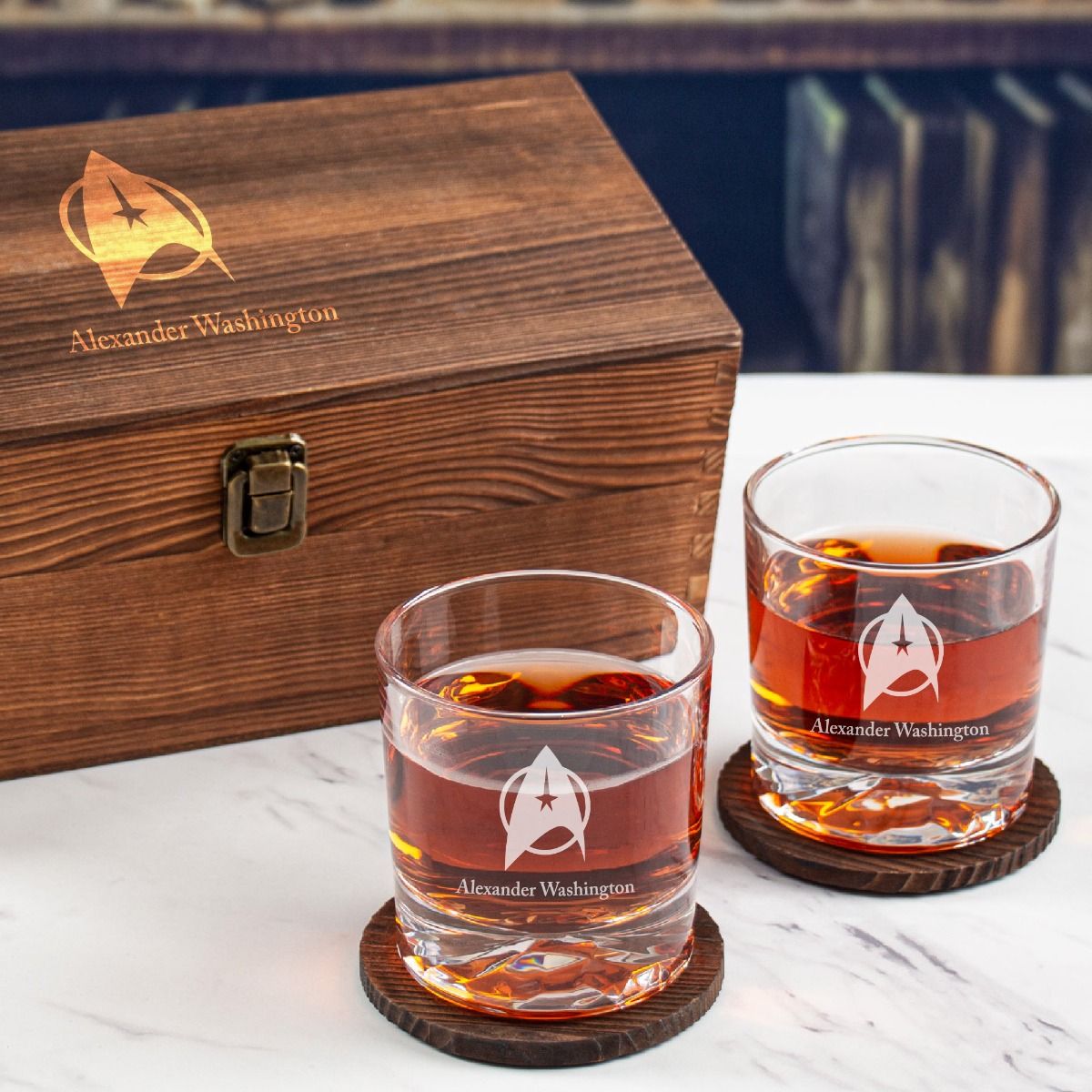 Custom Engraved Star Trek Emblem - Personalized Whiskey Glasses In Wood  Gift Box
