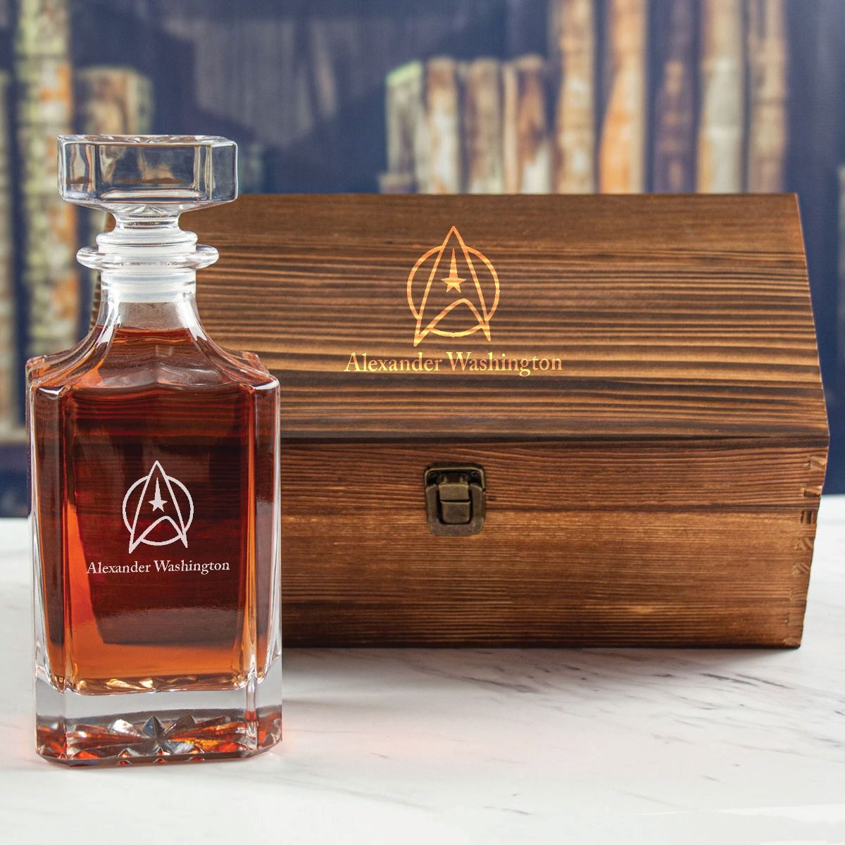 Custom Engraved Star Trek - Personalized Whiskey Decanter In Wood Gift Box  - Promotional Products - Custom Gifts - Party Favors - Corporate Gifts -  Personalized Gifts