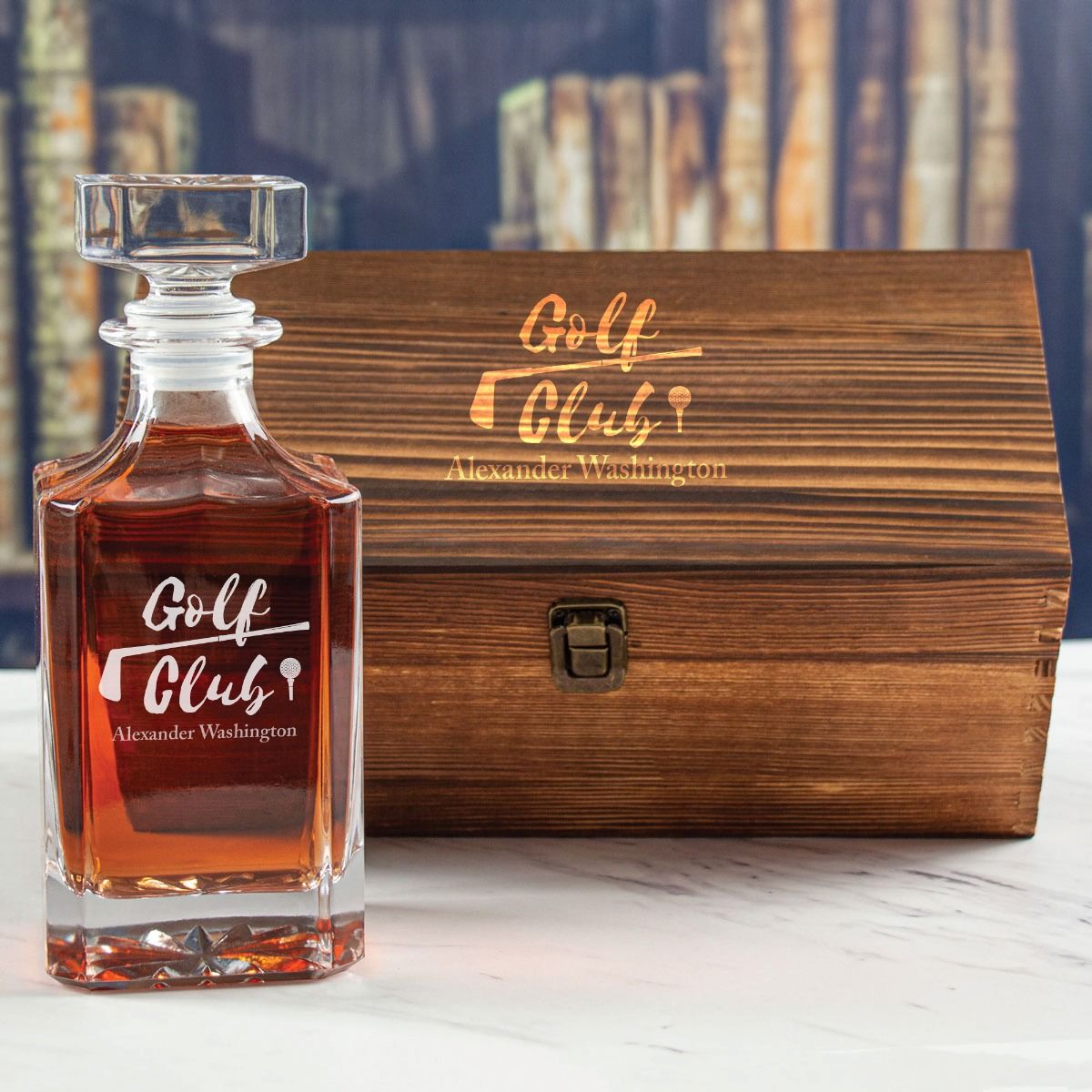 Custom Engraved Golf Club - Personalized Whiskey Decanter In Wood Gift Box  - Promotional Products - Custom Gifts - Party Favors - Corporate Gifts -  Personalized Gifts