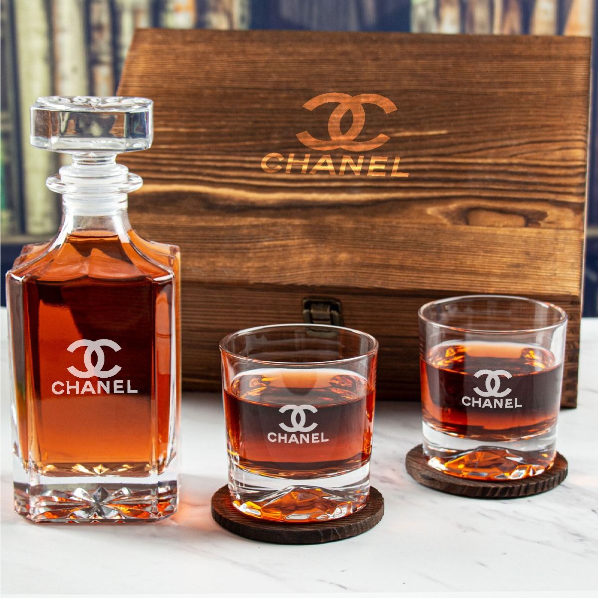 Custom Engraved Chanel - Personalized Whiskey Decanter Set In Wood